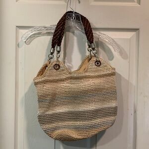 The Sak Indio Sand Crochet Beige Stripe Crochet Hobo Shoulder Bag Purse